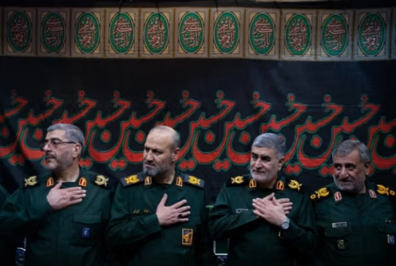 Senior Revolutionary Guards commanders attending the funeral of Gholamhossein Gharibpour, commander of Imam Ali security brigade, July 25, 2025